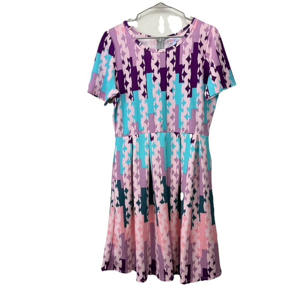 LuLaRoe Colorful Pink Purple Blue Geometric Pockets Stretch Amelia Dress 2XL